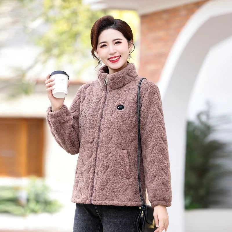 Women Furry Jacket Lamb Wool Liner Zipper Cotton-padded Jackets Full Sleeve Pocket Coats Casual Plus Velvet Jacket Outerwears