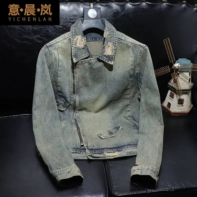 Men's Slim Fit Denim Jacket Autumn Winter Fashion Coat Trendy Diagonal Zipper Biker Jacket Turn-down Collar Jean Coat