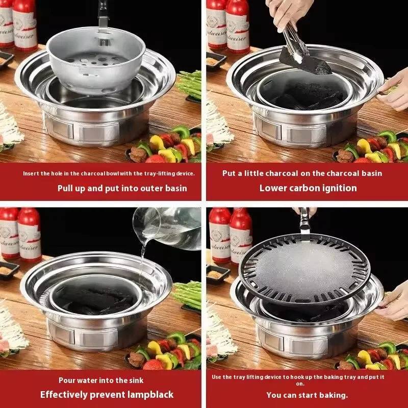 Japanese Korean Stainless Steel Hibachi BBQ Picnic Table Round Grill Outdoor & Indoor Barbecue Stove Cooker Portable