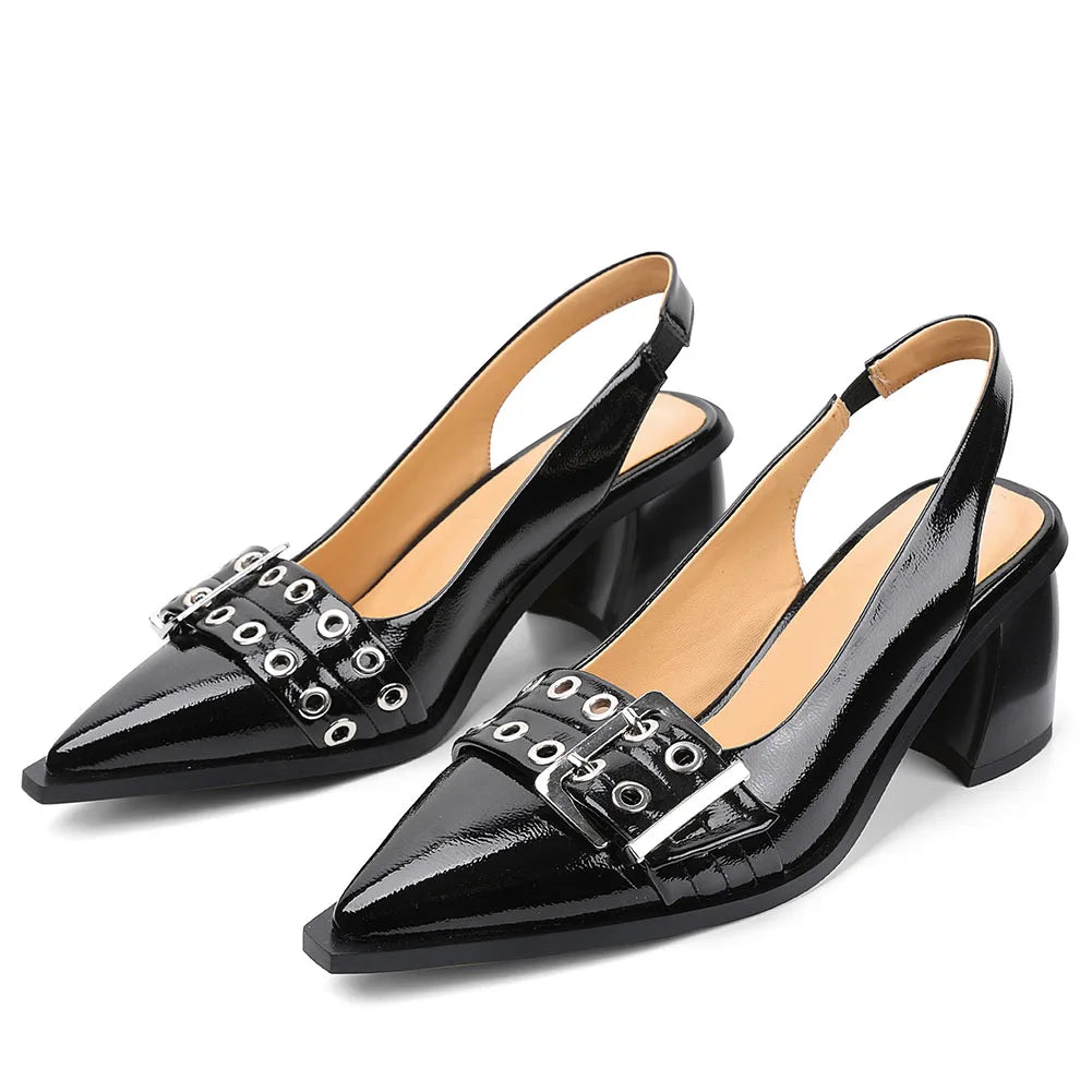 Women's Slingback Heels Block Chunky Heel Comfortable Pointed Toe Pumps Wide Metal Buckle Strap Office Party Dress Shoes Woman