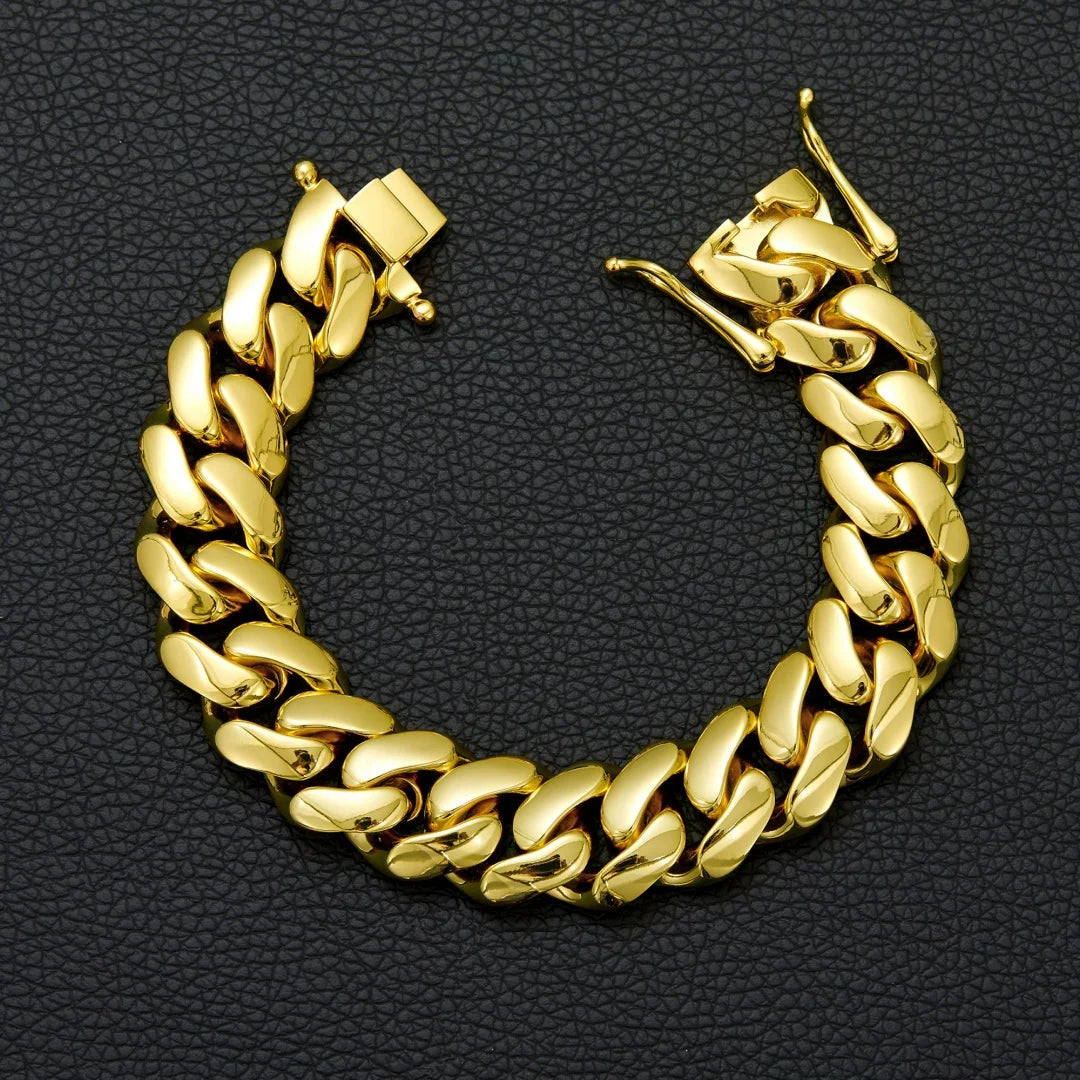 14-22mm Hip Hop Bling Gold Color Stainless Steel Dense Cuban Miami Link Chain Necklaces 14k Gold-plated for Men Rapper Jewelry