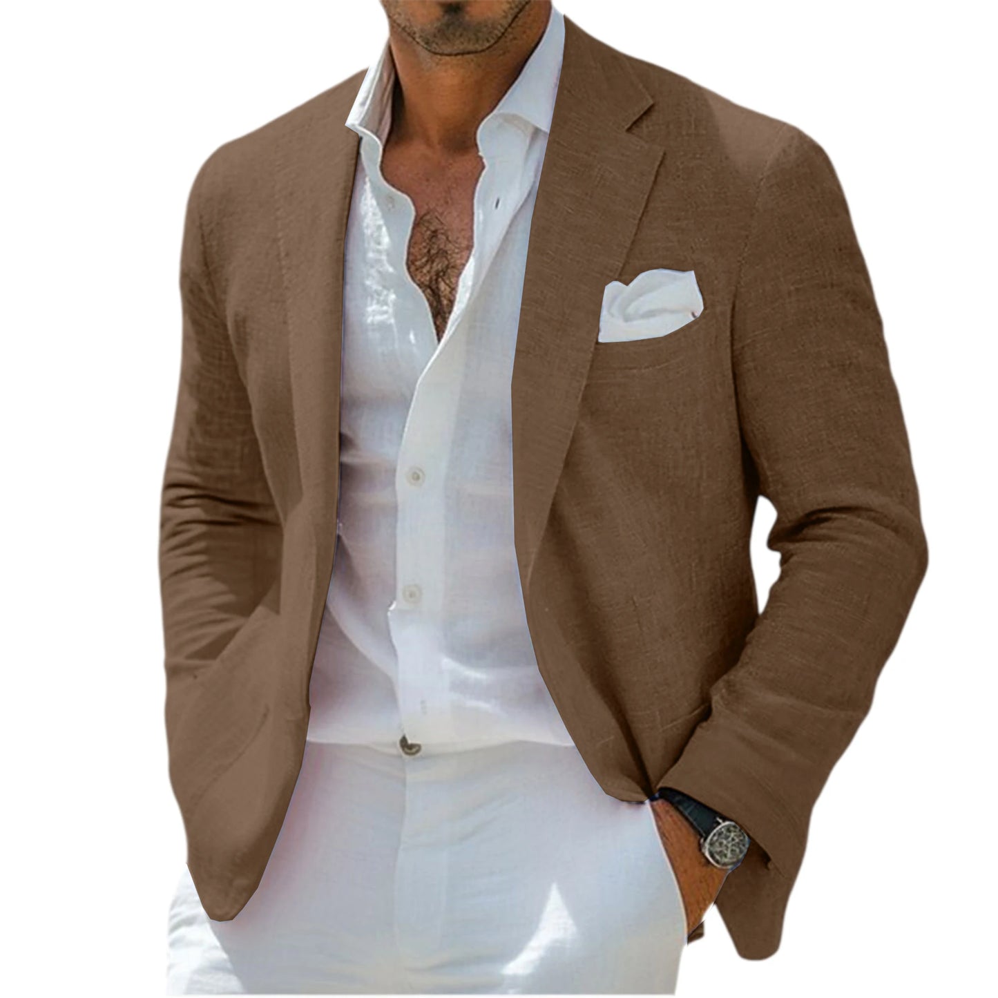 Men's Linen Blend Blazer Notched Lapel Single-Breasted Casual Business Sport Coat Slim Fit Breathable Lightweight Jacket