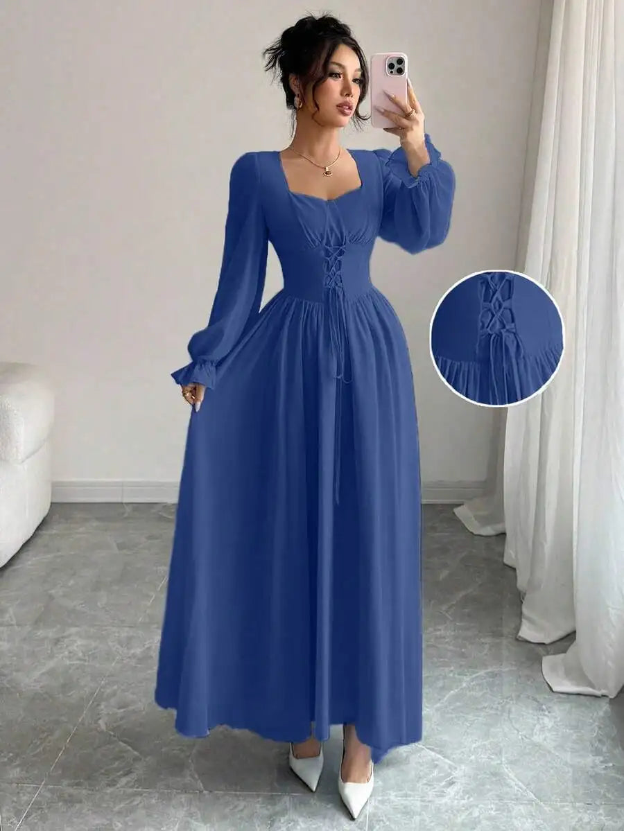 Elegant Blue Long Sleeve Maxi Dress with Corset Lace-Up Waist, Square Neck, Ruffled Cuffs for Spring Summer Events