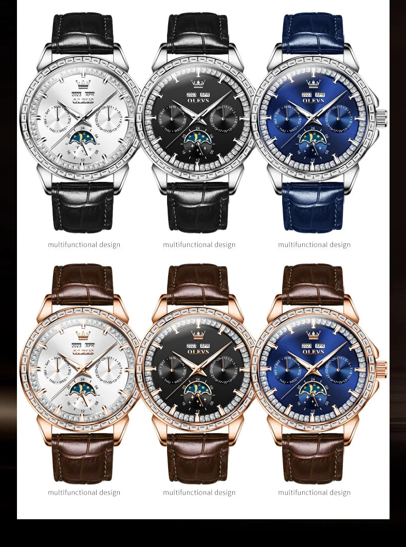 OLEVS 6695 NEW Men's Watches Full Diamond Multifunctional Dial Blue Leather Strap Calendar Week Moon Phase Waterproof Wristwatch