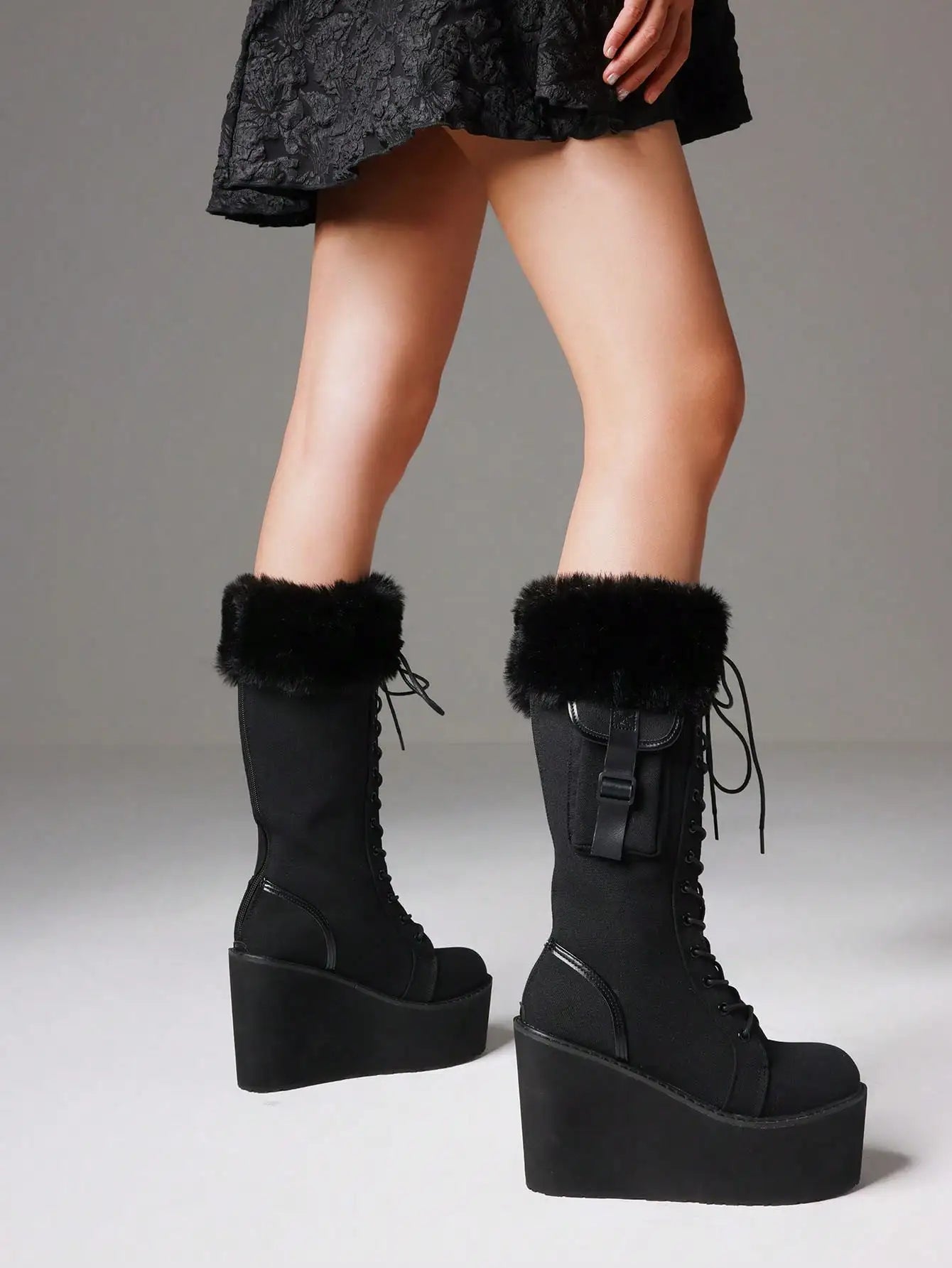 Punk Gothic Women Combat Boots Chunky Wedges Heel Fur Mid Calf Platform Luxury Winter Halloween Shoes Woman