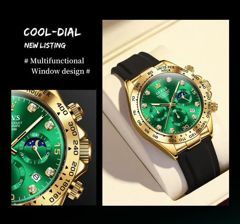 OLEVS Watches for Men Chronograph Analog Quartz Watch Moon Phase Silicone Diamond Waterproof Luminous Quartz Wrist Watches