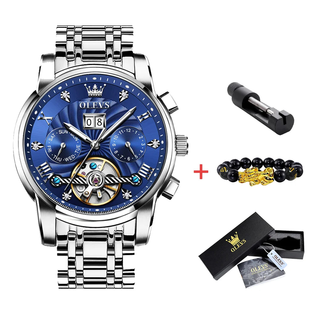 OLEVS Mechanical Watches Automatic Watch Men Waterproof Stainless Steel Strap Skeleton Gold Watch Male Wristwatch
