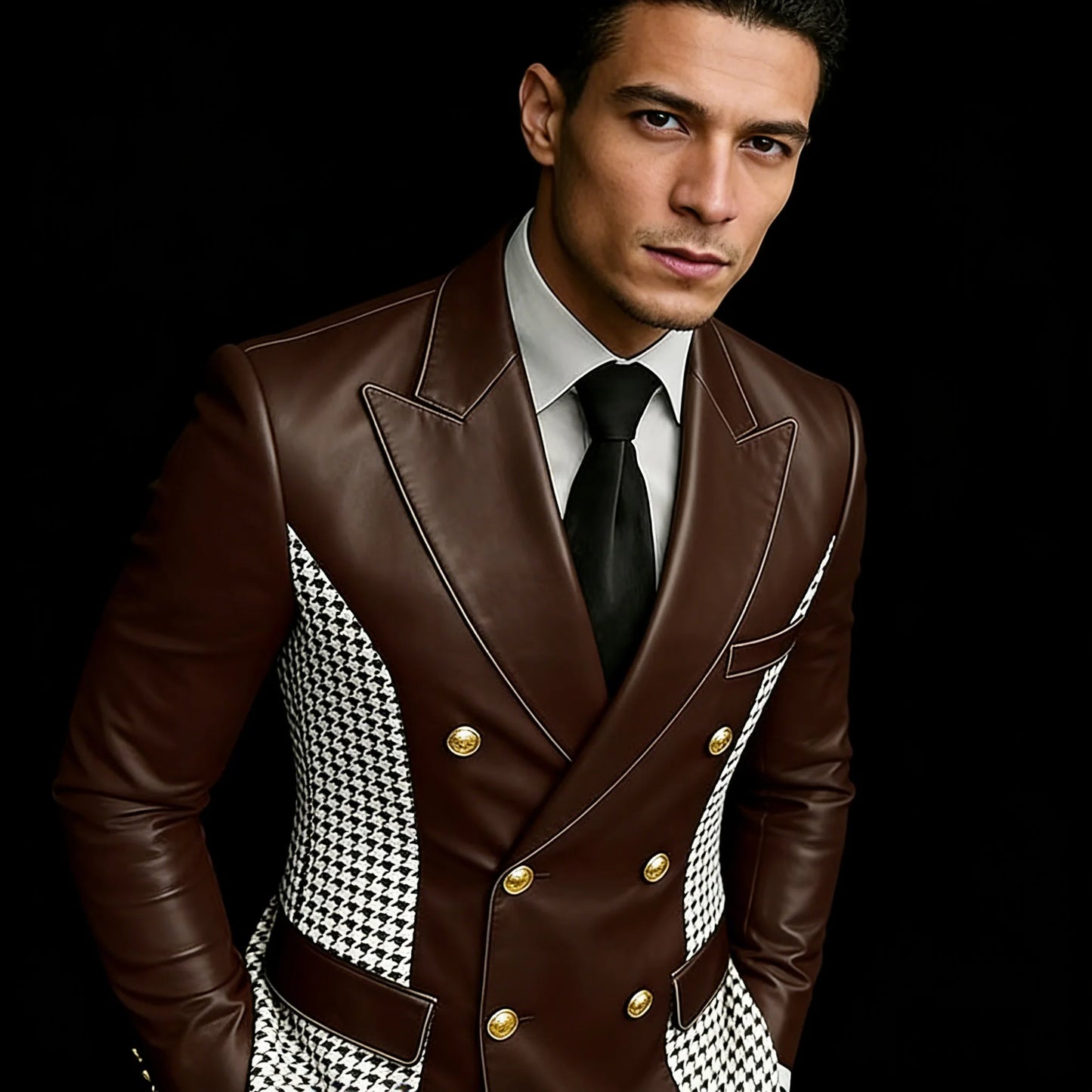 Men’s Brown Leather Blazer With Houndstooth Sides Vintage Two-Tone Double Breasted Slim Fit Gold Buttons Leather Tuxedo Jacket