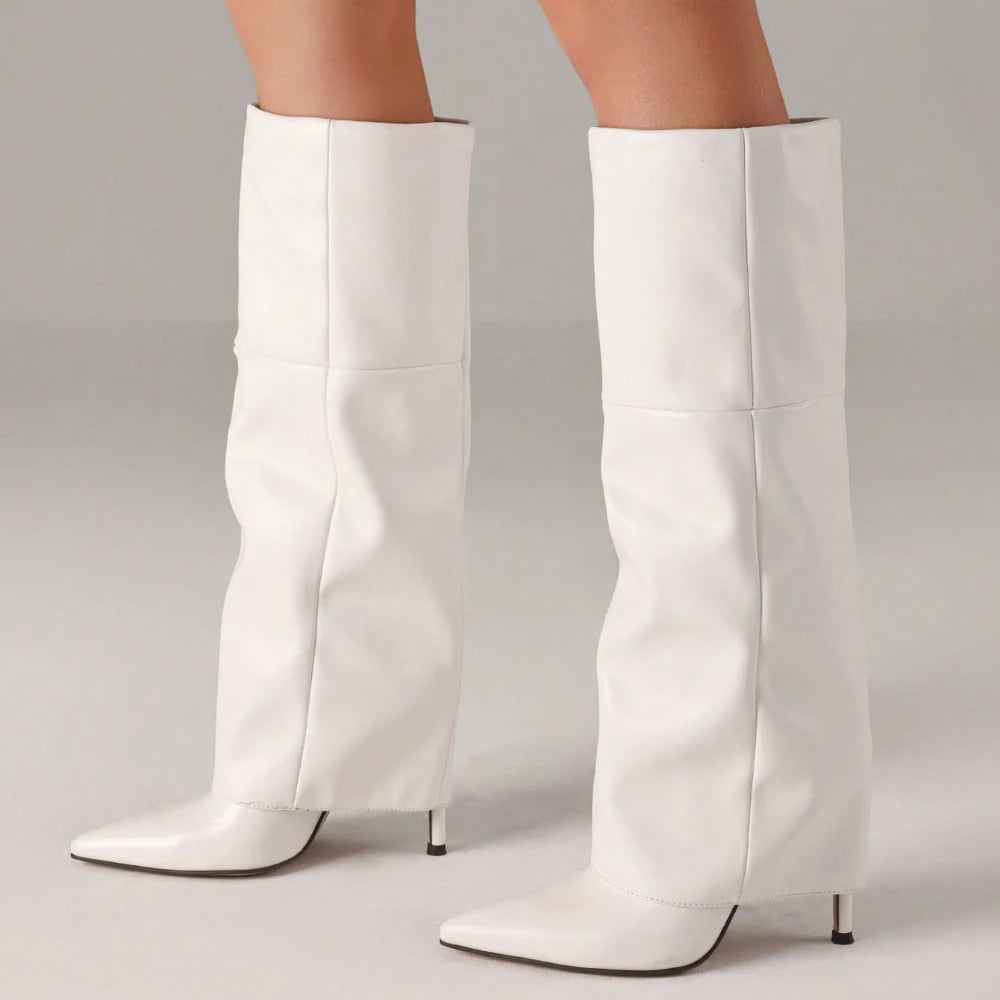 Women's Sexy Fold Over Knee High Shark Boots Fashion Pointed Toe Stiletto High Heels Pleated Party Dress Elegant Boots Woman