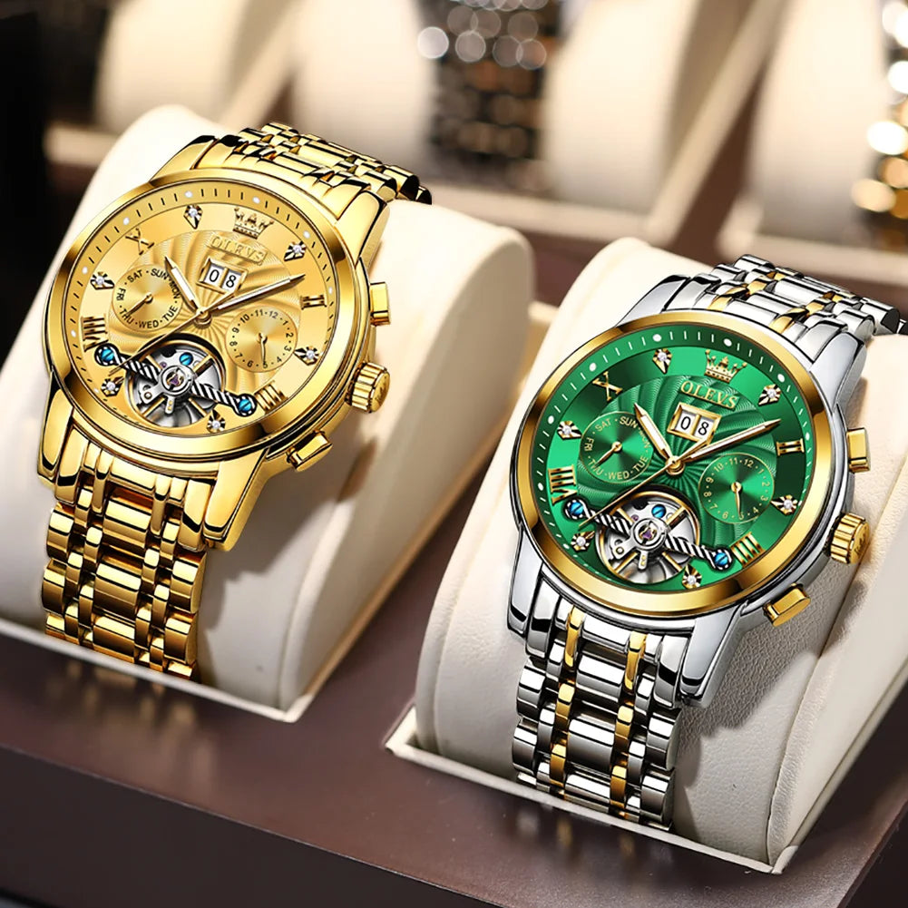 OLEVS Mechanical Watches Automatic Watch Men Waterproof Stainless Steel Strap Skeleton Gold Watch Male Wristwatch