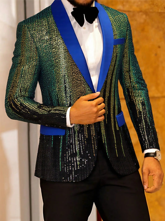 Shiny Sequins One Button Blue Lapel Suit Jacket Blazer for Dinner Prom Party Wedding