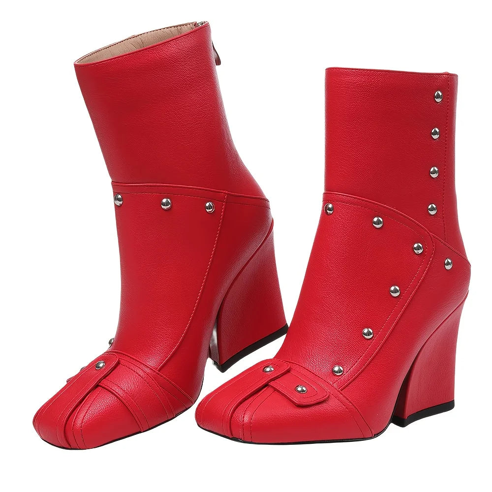 Women's Punk Square Toe Ankle Boots Fashion Rivet Patchwork Back Zipper Chunky High Heel Party Boots Woman