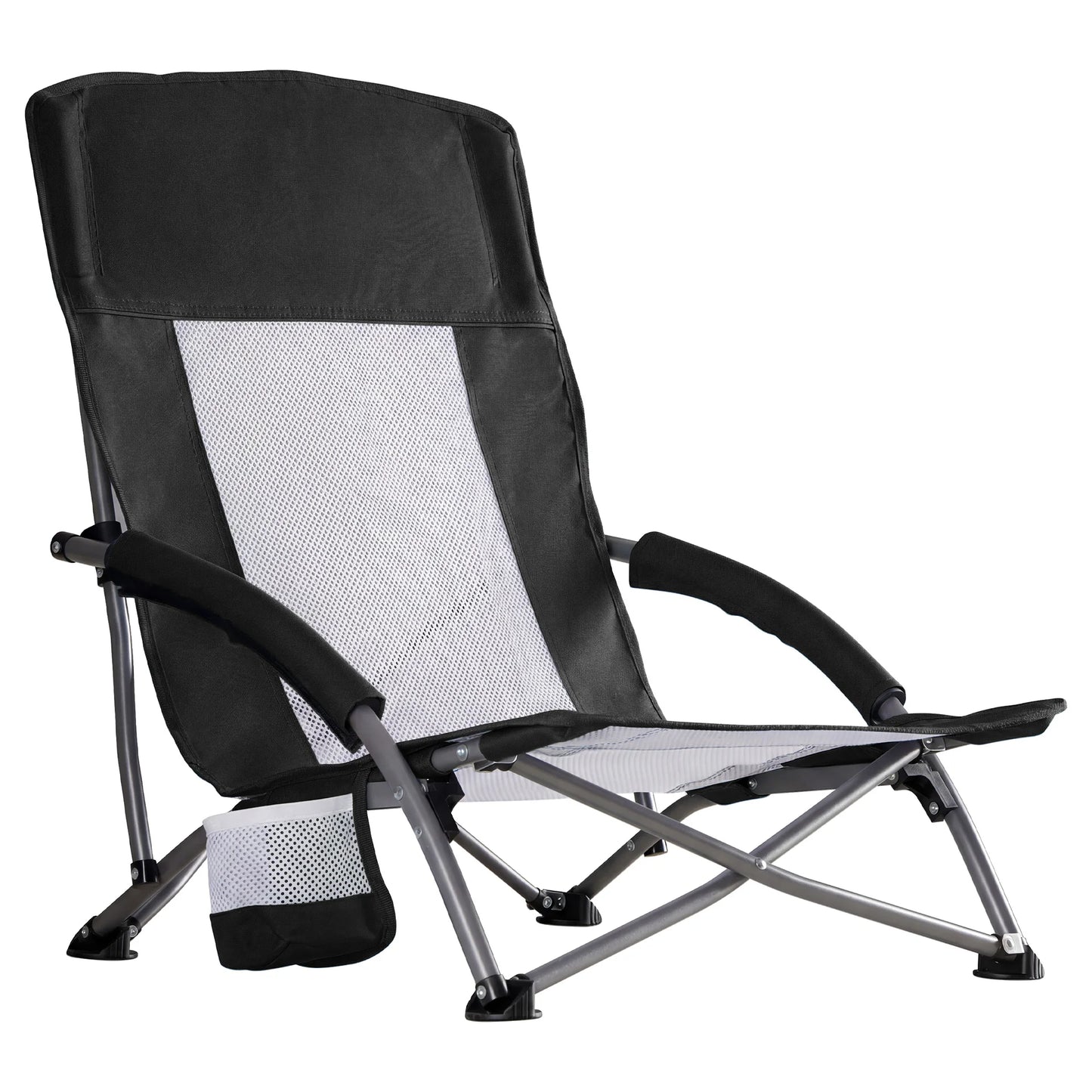 MCQ Outdoor Folding Low Beach Chair Collapsible Padded with Cup Holder Storage Bag Mesh Back Portable Camping Chair for Garden