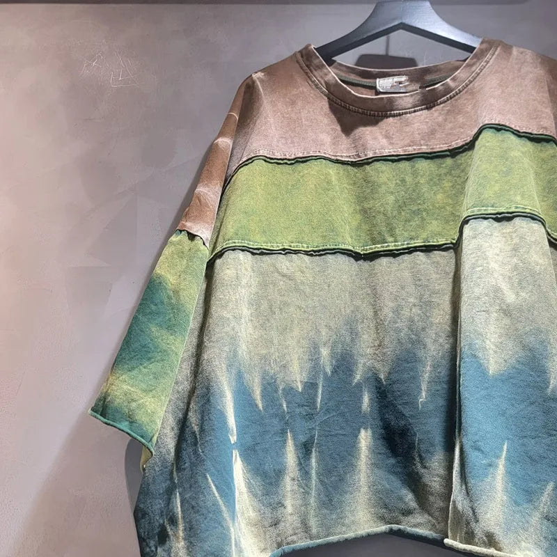 DEAT Women's T-shirt Loose Patchwork Color Blocking O-neck Tie Dye Do Old Long Sleeve Tees Summer 2026 New Fashion 29A7298
