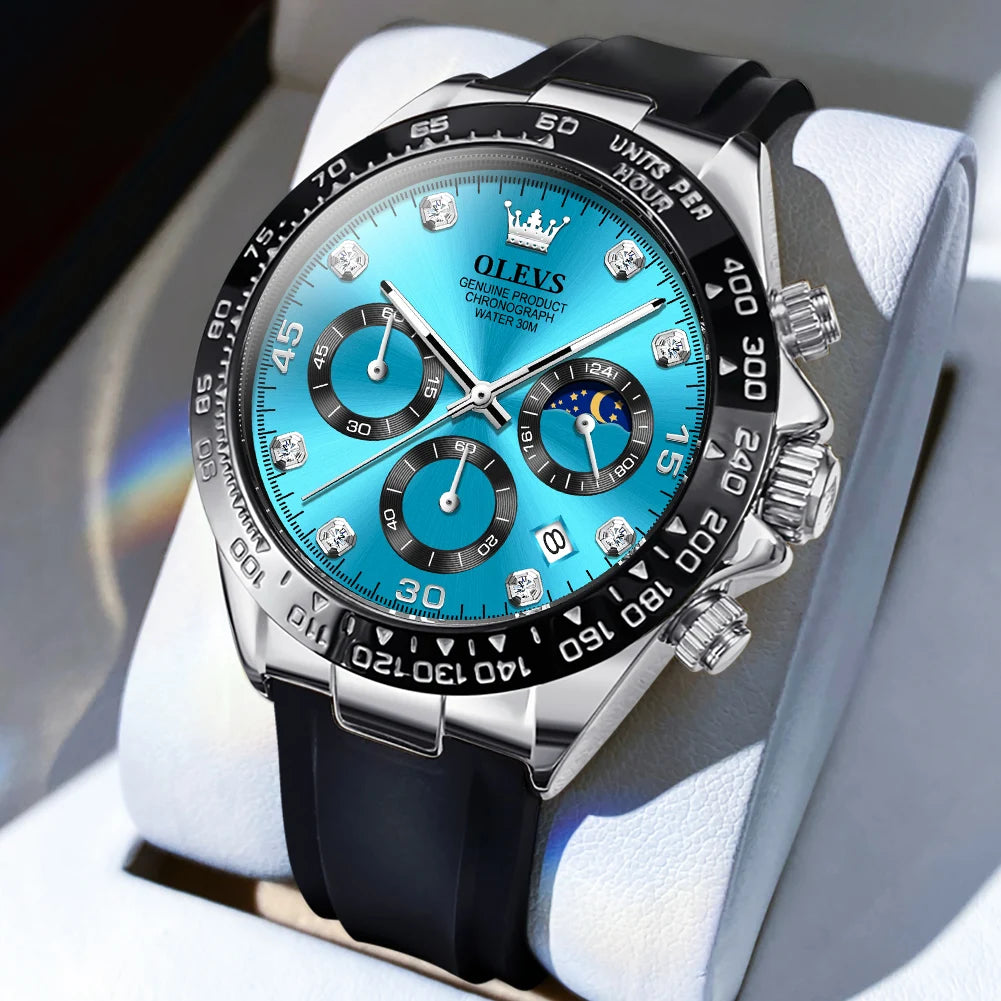 OLEVS Watches for Men Chronograph Analog Quartz Watch Moon Phase Silicone Diamond Waterproof Luminous Quartz Wrist Watches