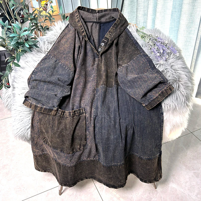Chinese Style Personalized Old Fabric Denim Patchwork Hooded Vintage Loose Long Sleeved Dress Women Spring Autumn MCP008