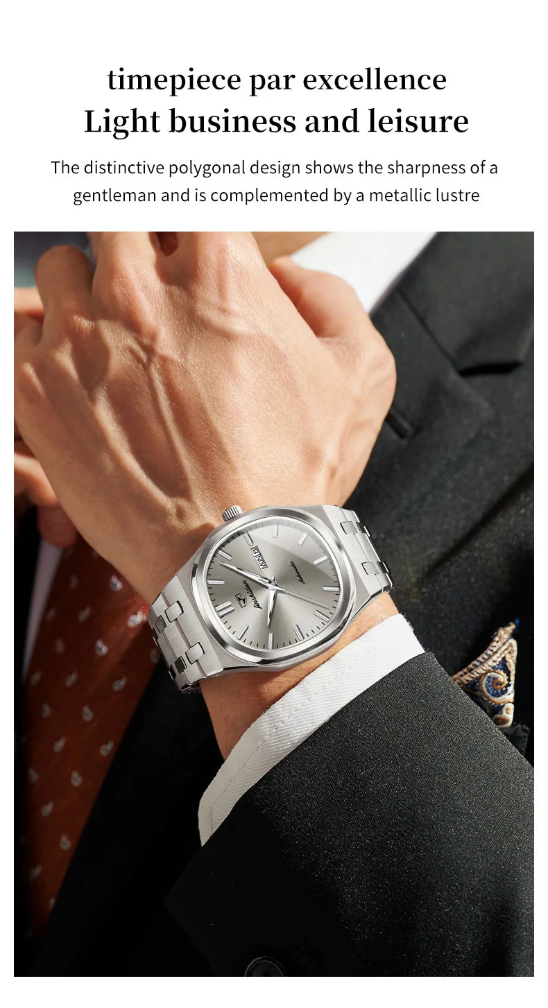 JSDUN 8966 Full Gold Watch for Men Automatic Mechanical Dual Calendar Display Waterproof Night light Man Wristwatch