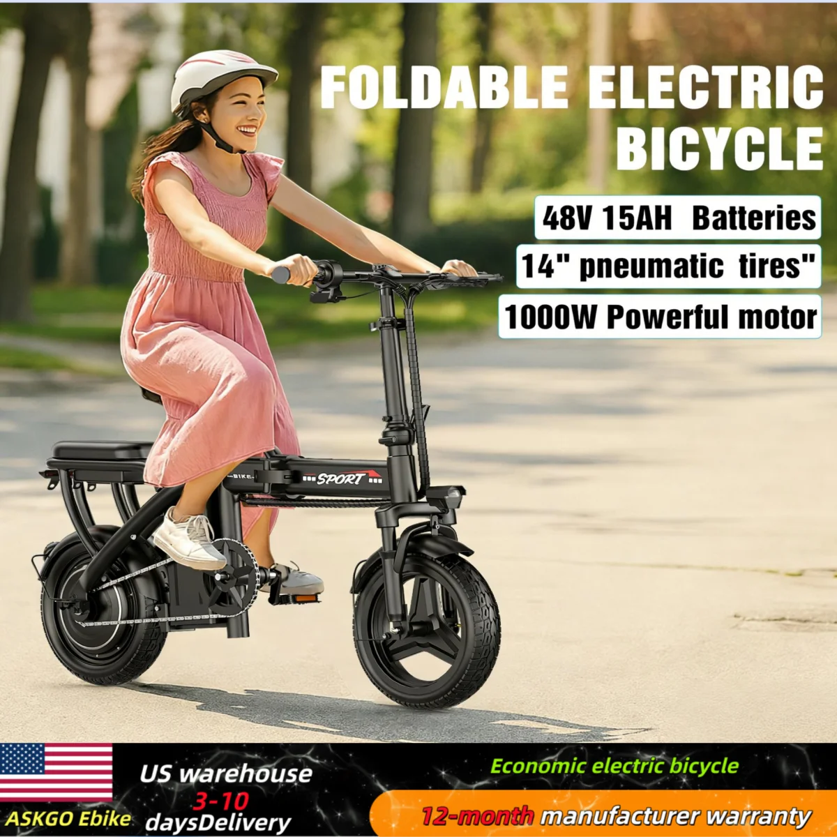 Adult folding electric bicycle, 48V 15AH, 1000W, 30-mile maximum range, US warehouse, LCD display, all-terrain wide tires.