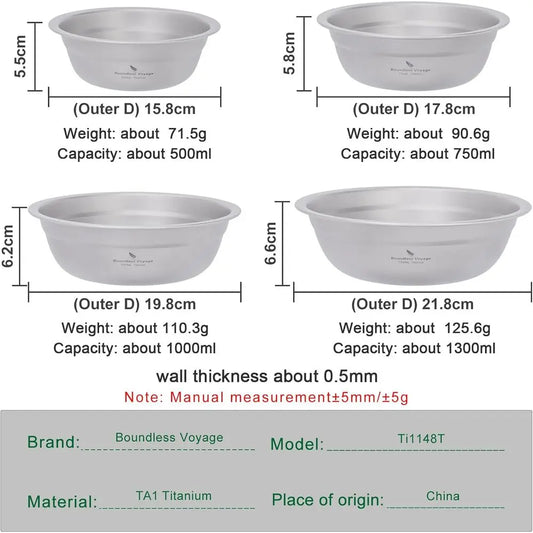 Titanium Camping Plate Bowl Set Rice Soup Salad Stackable Serving Bowls Ultralight Dinnerware Set Dishwasher Sae Ti1148t