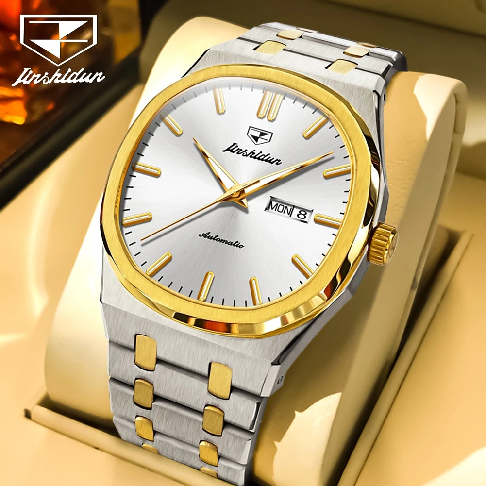 JSDUN 8966 Full Gold Watch for Men Automatic Mechanical Dual Calendar Display Waterproof Night light Man Wristwatch