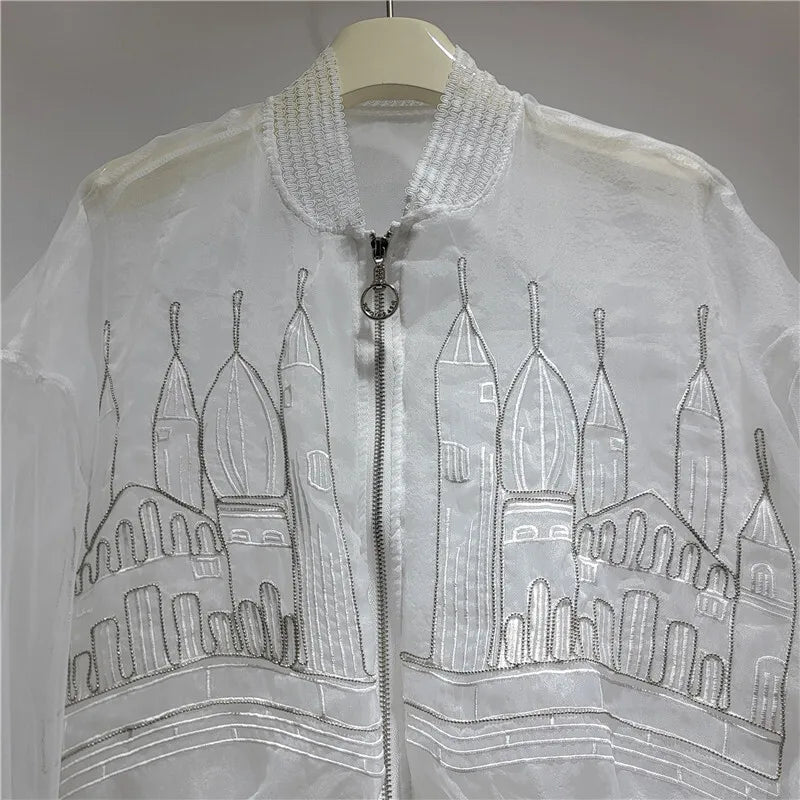 DEAT Women's Coat Stand Collar Zipper Casual Embroidery Perspective Lightweight Mesh Jackets 2026 Summer New Fashion 29A7383