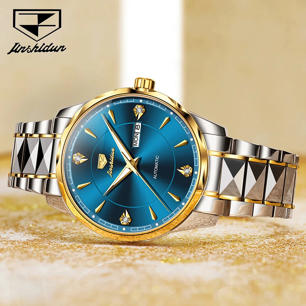 JSDUN High End Men's Watches Auto Calendar Week Tungsten steel Sapphire Mirror Automatic Mechanical Watch for Men Luxury Brand