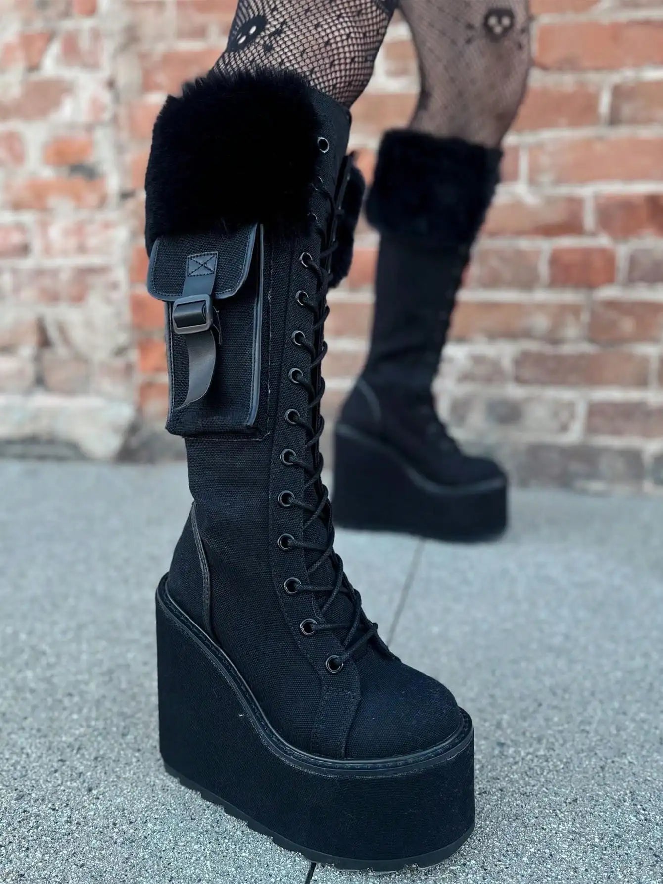 Punk Gothic Women Combat Boots Chunky Wedges Heel Fur Mid Calf Platform Luxury Winter Halloween Shoes Woman