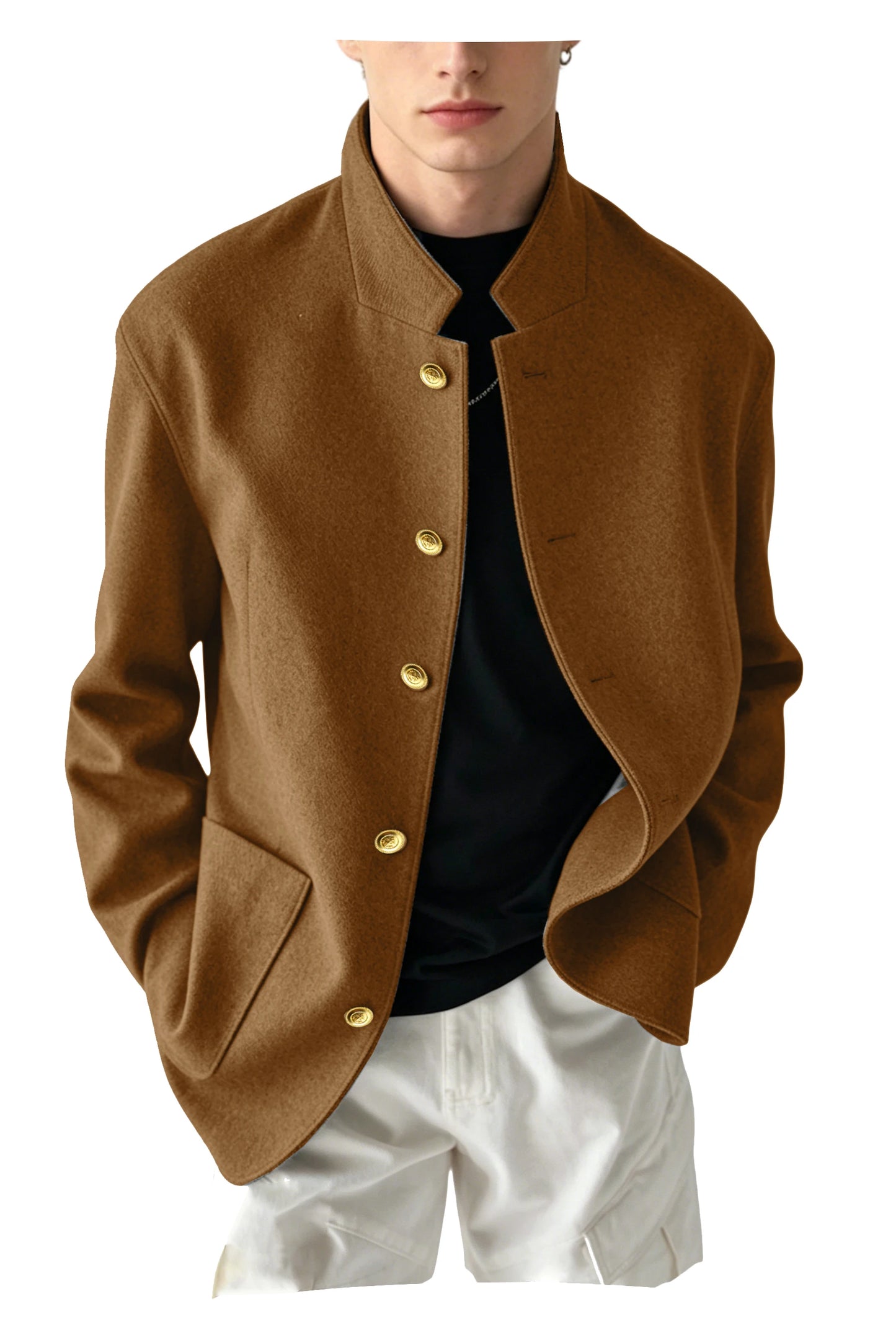 Vintage Men's Stand Collar Jacket Wool Blend Casual Coat Warm Autumn Winter Business Blazer Plus Size Streetwear Outerwear