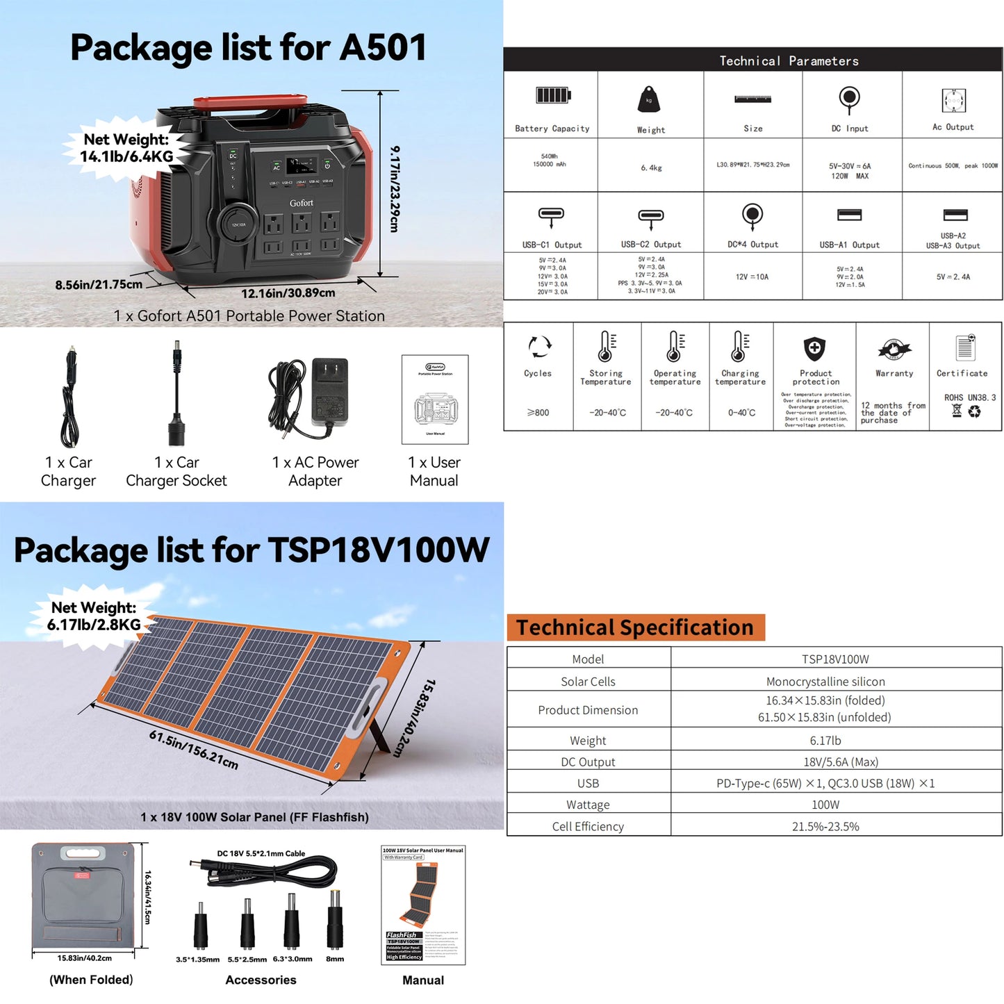 FF Flashfish A501 Portable Power Station 540Wh Lithium Batteries 500W Solar Generator 100W Solar Panel Complete Kit System Set