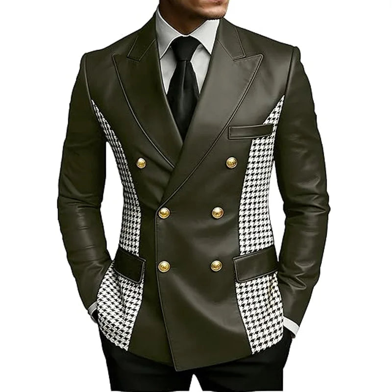 Men’s Brown Leather Blazer With Houndstooth Sides Vintage Two-Tone Double Breasted Slim Fit Gold Buttons Leather Tuxedo Jacket