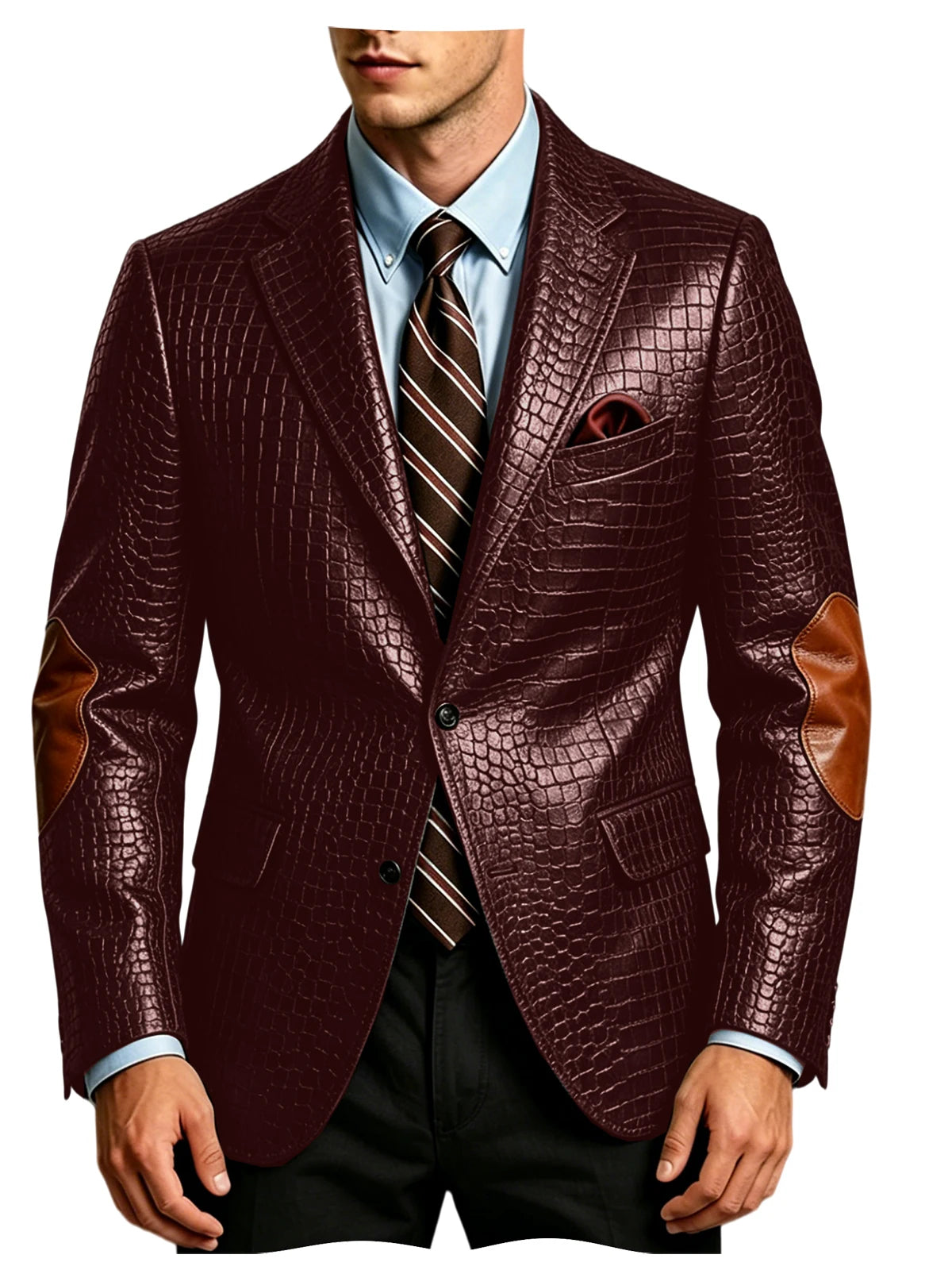 Luxury Men's Crocodile Embossed Leather Blazer Notched Lapel Elbow Patches 2 Button Slim Fit Jacket Business Casual For Wedding