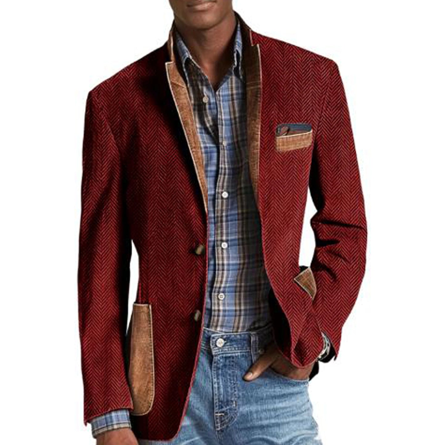 Vintage Men's Herringbone Blazer Casual Patchwork Suede Trim Notched Collar Suit Jacket Slim Fit Fashion Business Sport Coat