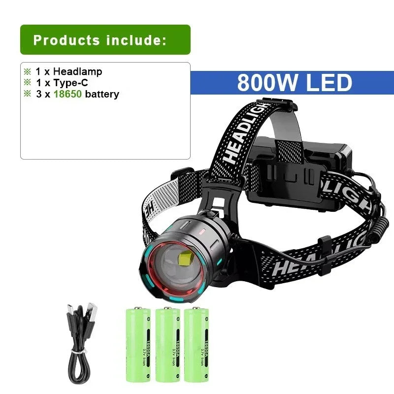 High Power LED Headlamp 7800mAH Rechargeable Headlights Outdoor Sensing Headlamp Zoom Head Torch for fishing Camping lighting