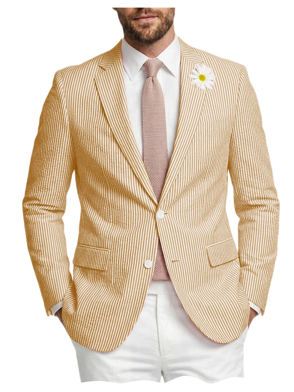 Men's Striped Seersucker Blazer Notch Lapel Slim Fit Suit Jacket Summer Lightweight Business Casual Sport Coat for Wedding Party