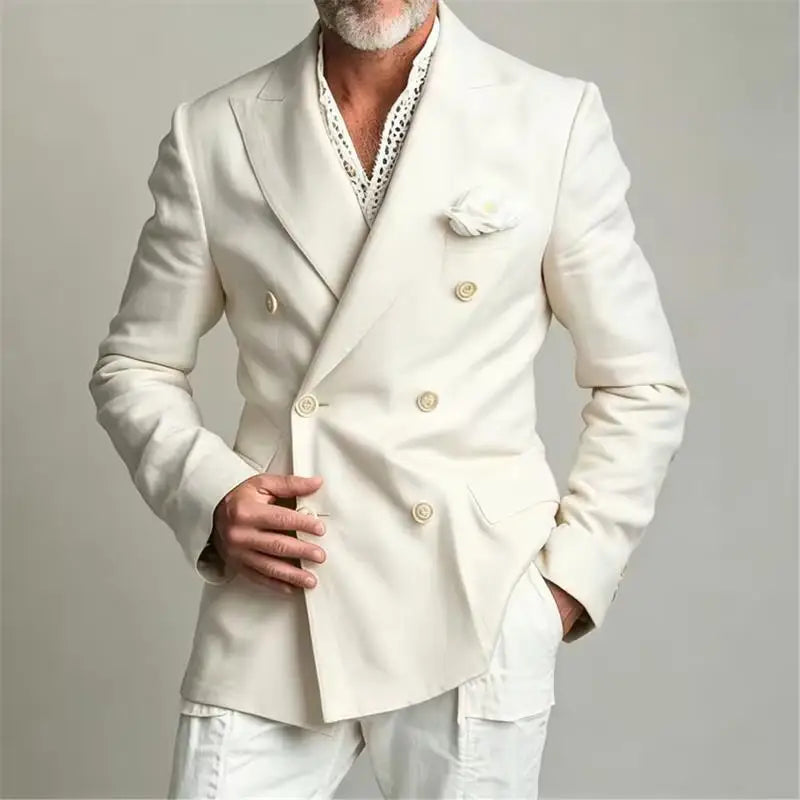 Men's Chic Peak Lapel Linen Blazer Double Breasted Slim Fit Formal Suit Jacket Summer Business Wedding Party Beach Daily Coat