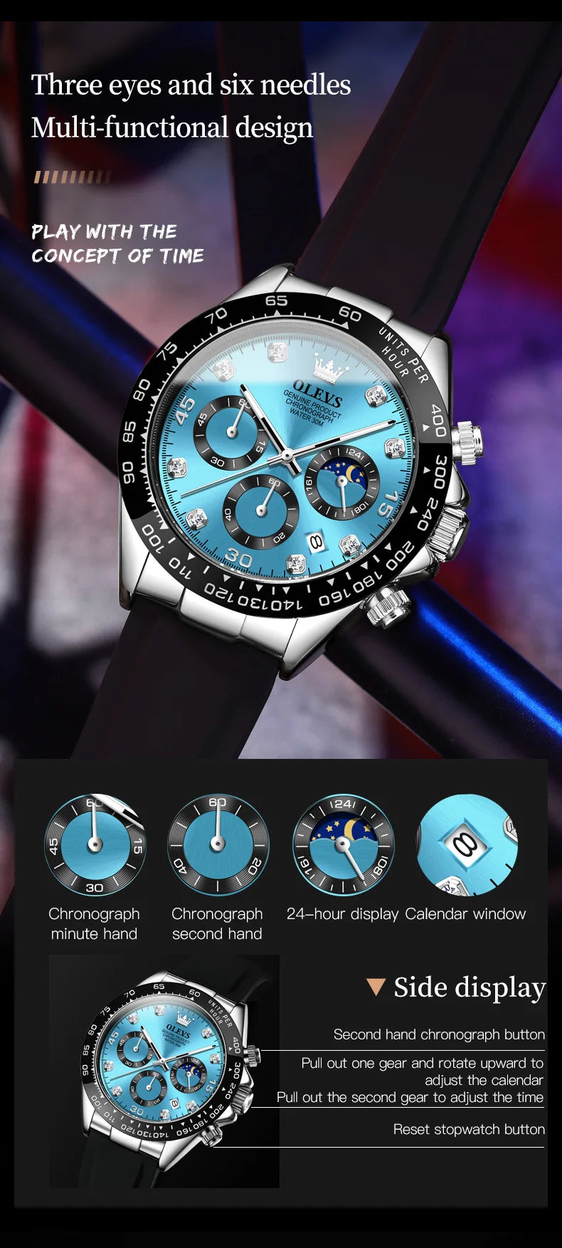 OLEVS Watches for Men Chronograph Analog Quartz Watch Moon Phase Silicone Diamond Waterproof Luminous Quartz Wrist Watches