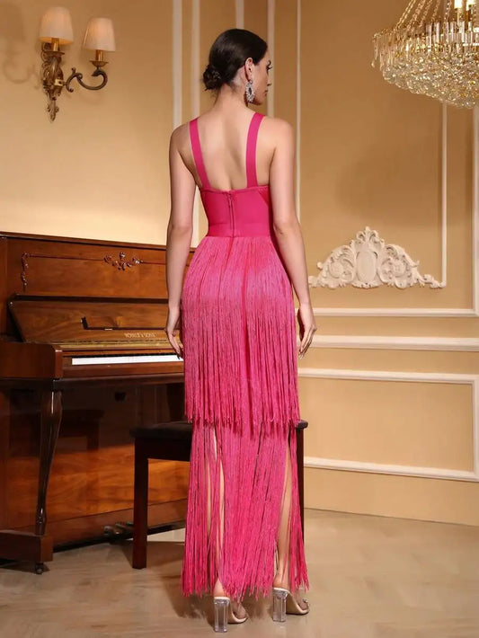 Hot Pink Fringe Maxi Dress with Spaghetti Straps, Backless Deep V-Neck, Bodycon Fit for Evening Party