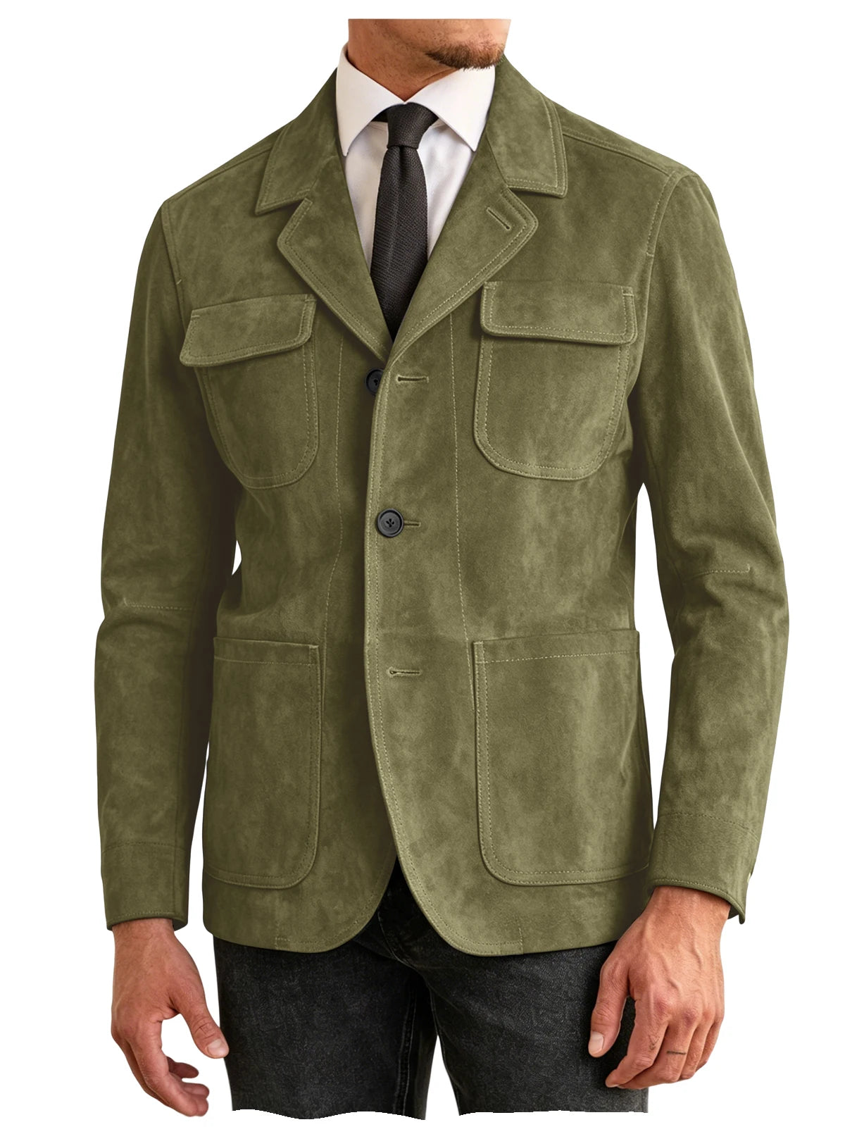 Men's Suede Safari Jacket Navy Slim Fit Fashion Multi-Pocket Notched Lapel Retro Casual Hunting Blazer For Business Daily Wear