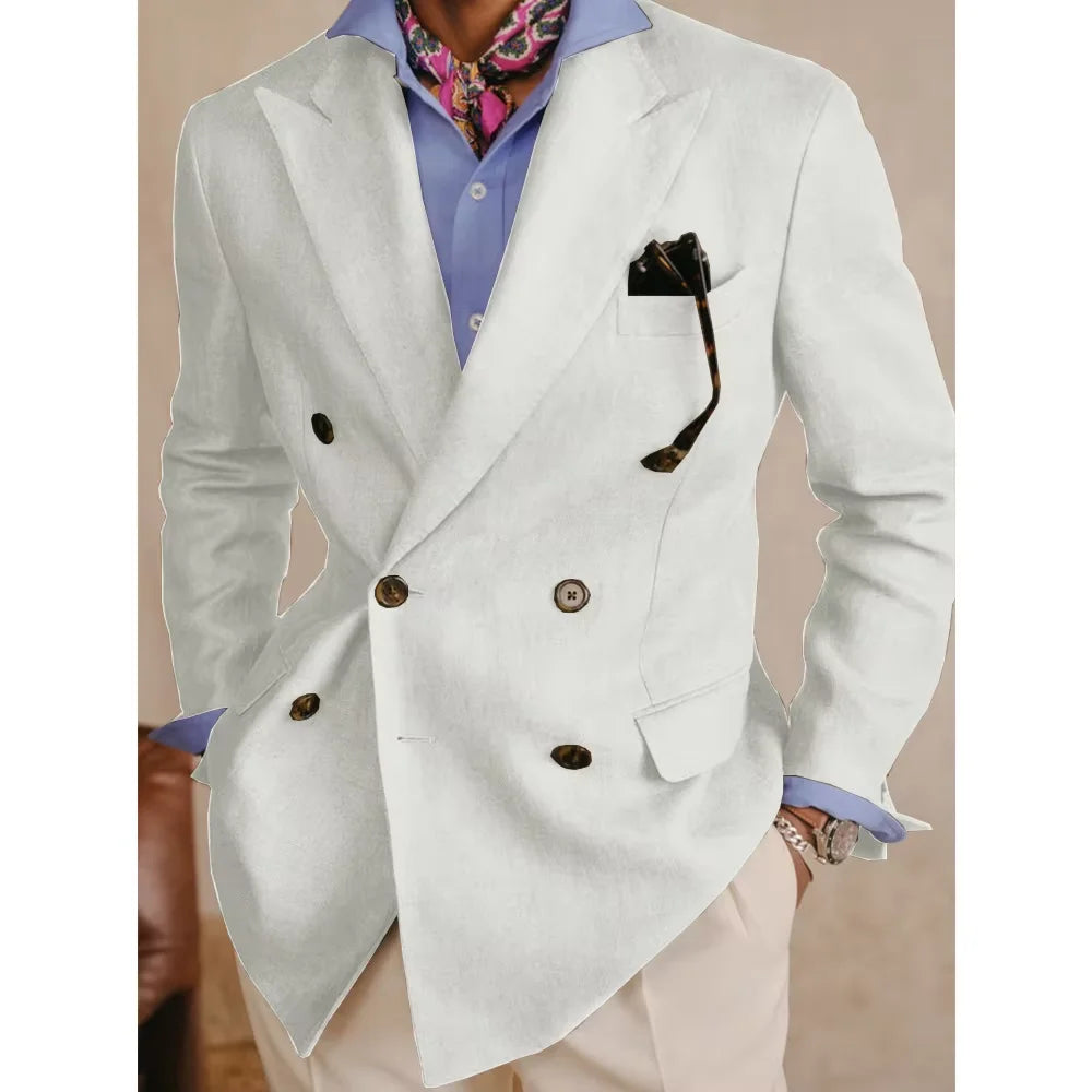 Men's Cotton Linen Blazer Vintage Double Breasted Slim Fit Peak Lapel Breathable Lightweight Summer Formal Jacket Business Casua