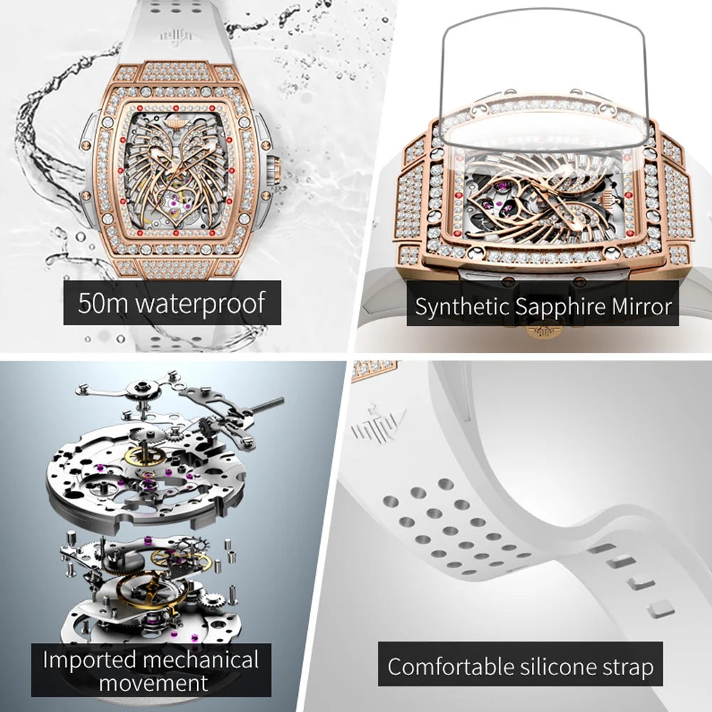 OUPINKE 3225 Women's Watch Luxury Brand All Diamond Automatic Mechanical Watch Classic Silicone Waterproof Elegant Women's Watch