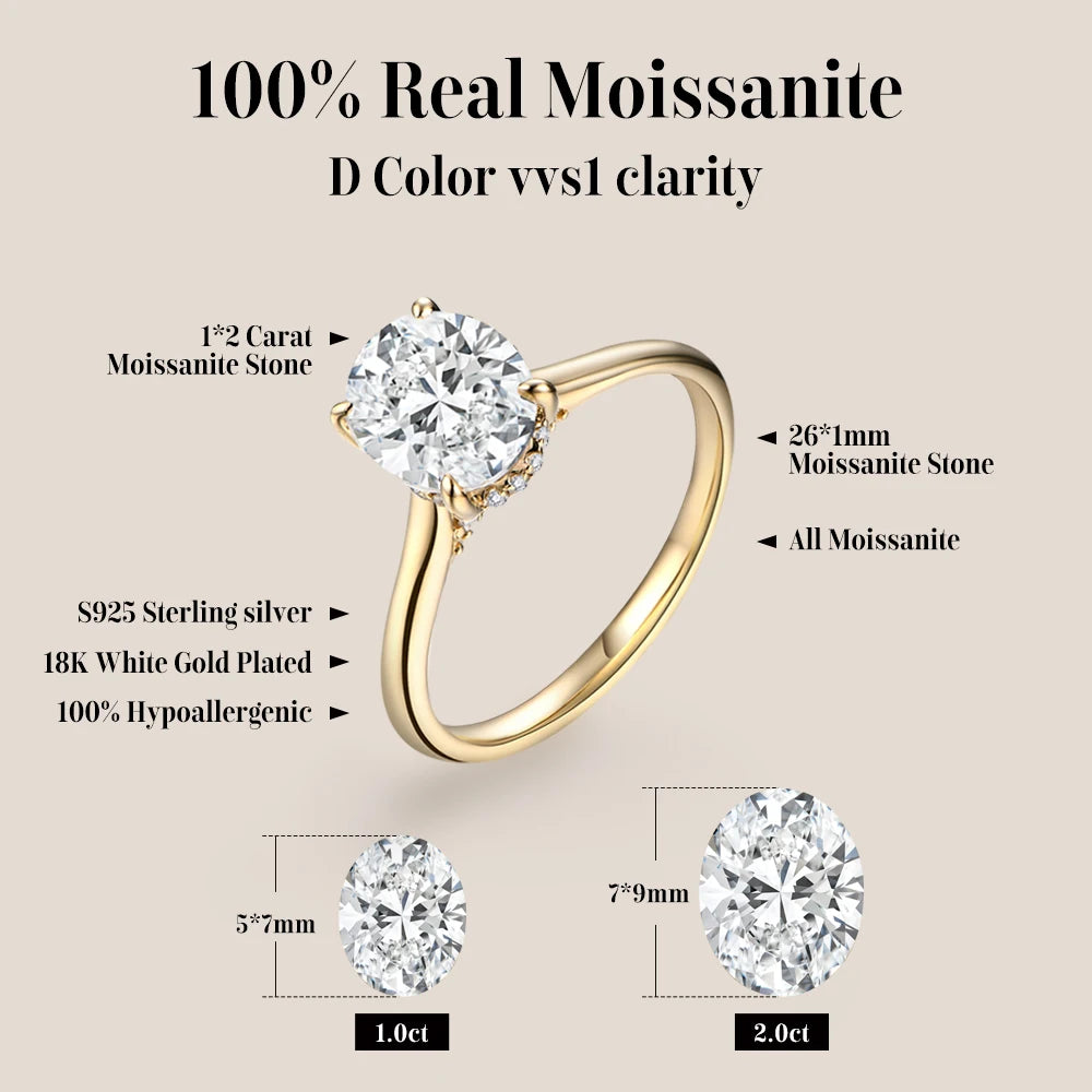 ATTAGEMS Oval Cut 9*7mm 2.0CT DVVS1 Moissanite Rings Women S925 Sterling Silver Wedding Engagement Ring Fine Jewelry Certificate