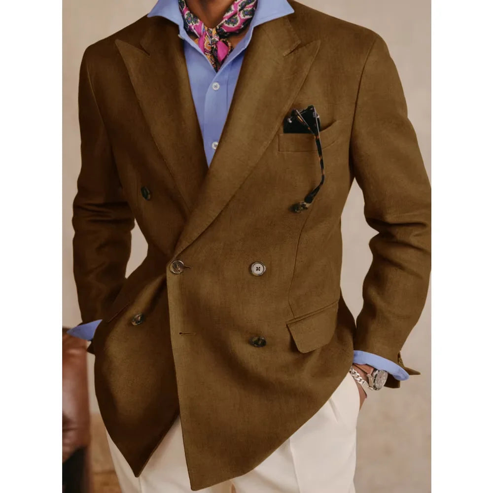 Men's Cotton Linen Blazer Vintage Double Breasted Slim Fit Peak Lapel Breathable Lightweight Summer Formal Jacket Business Casua