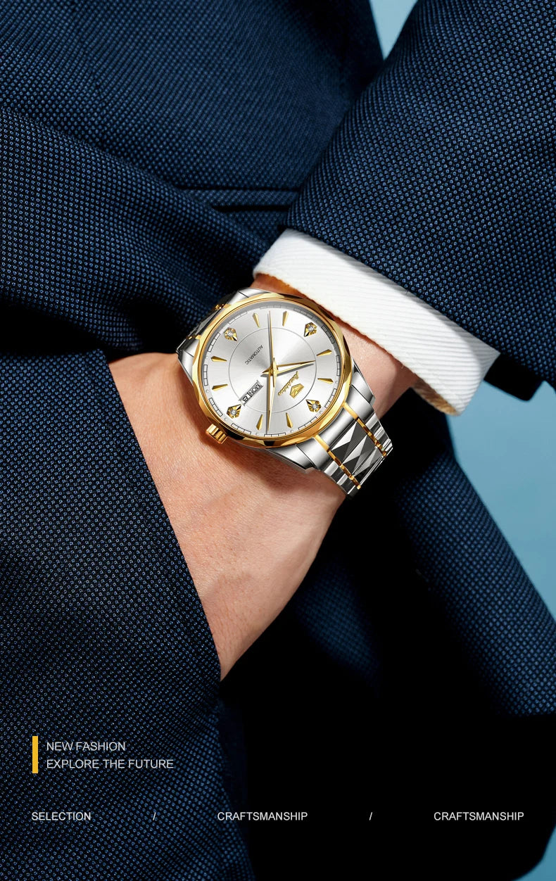 JSDUN High End Men's Watches Auto Calendar Week Tungsten steel Sapphire Mirror Automatic Mechanical Watch for Men Luxury Brand