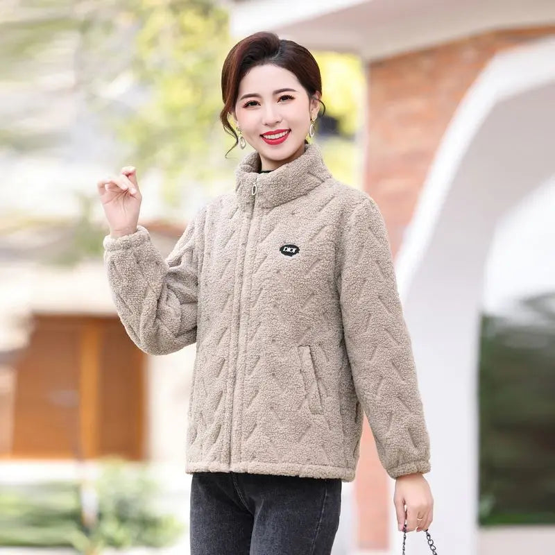 Women Furry Jacket Lamb Wool Liner Zipper Cotton-padded Jackets Full Sleeve Pocket Coats Casual Plus Velvet Jacket Outerwears