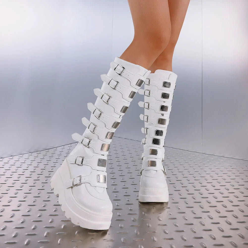 Women's Y2K Goth Knee High Boots Fashion Cosplay Punk Metal Buckle Wedges High Heels Back Zipper Round Toe Platform fall Boots