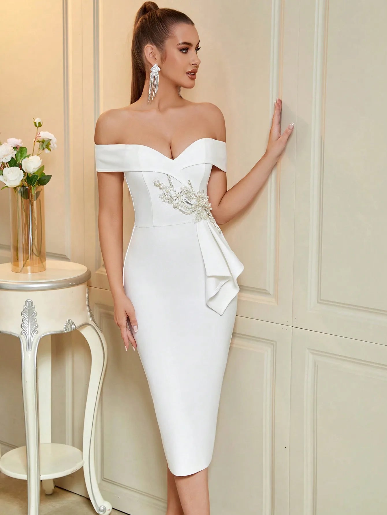 Elegant Off Shoulder Beaded Midi Dress for Prom, Wedding Guest, Cocktail Party, White