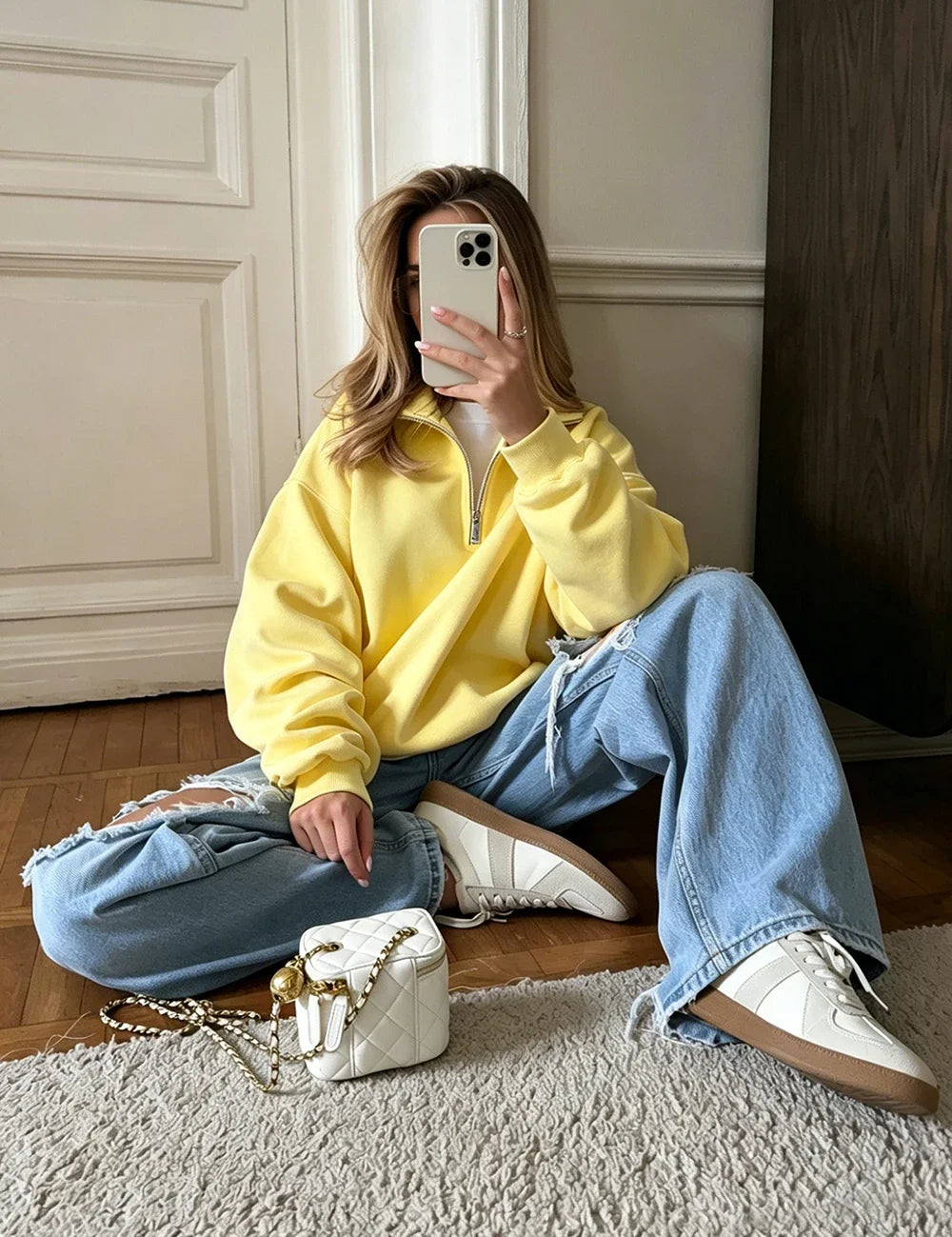Fashion Women's Zip-up Sweatshirt Oversized Autumn Red Vintage Pinterest Sweatshirt with Zipper Cotton Long-sleeved Street Style