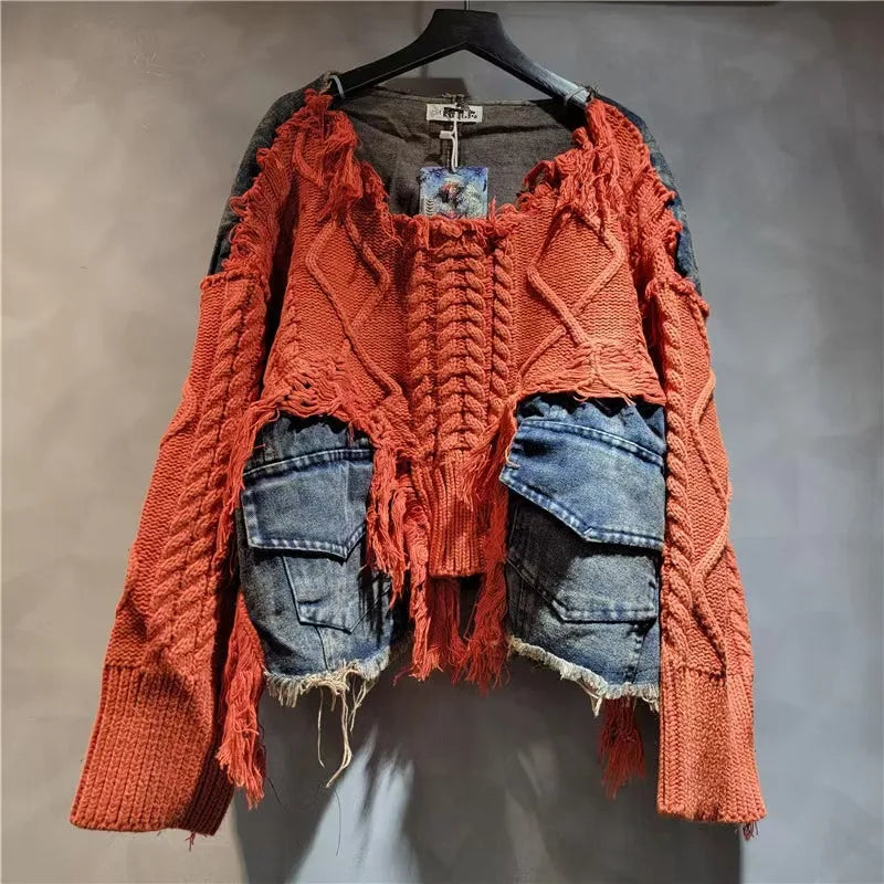 DEAT Women Pullover Long Sleeve Irregular Do Old Patchwork Pockets Vintage Washed Denim Sweater 2026 Summer New Fashion 29L8195