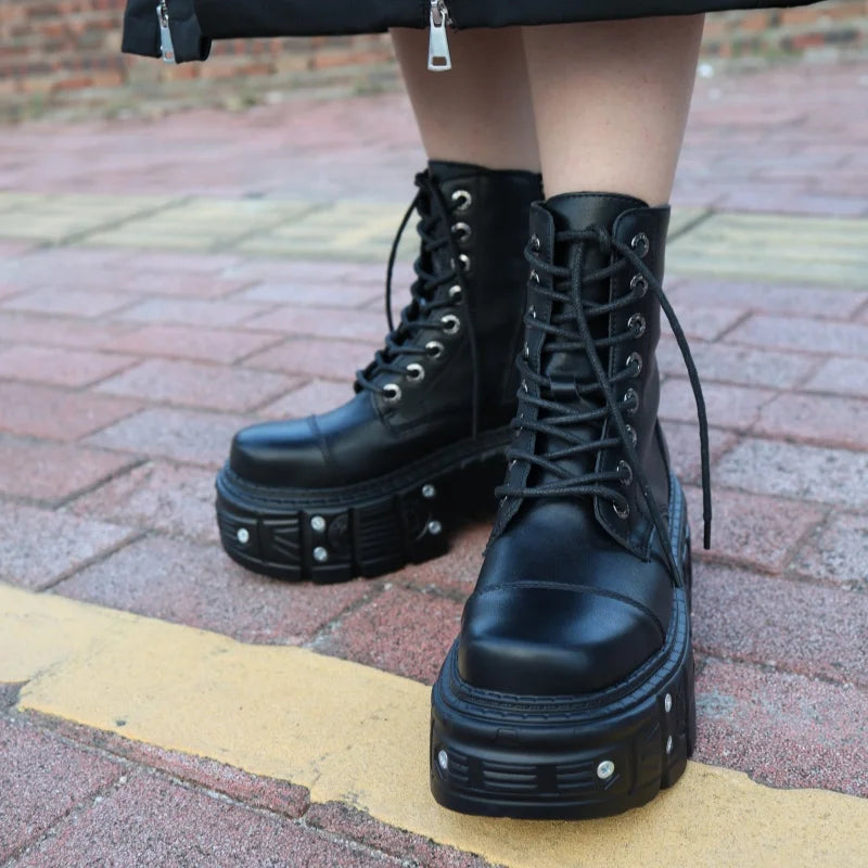 Gothic Motorcycle Boots Fashion Large Size Thick Heel Knight Boots Platform Metal Decoration Ankle Boots Punk High Top Shoes Ins