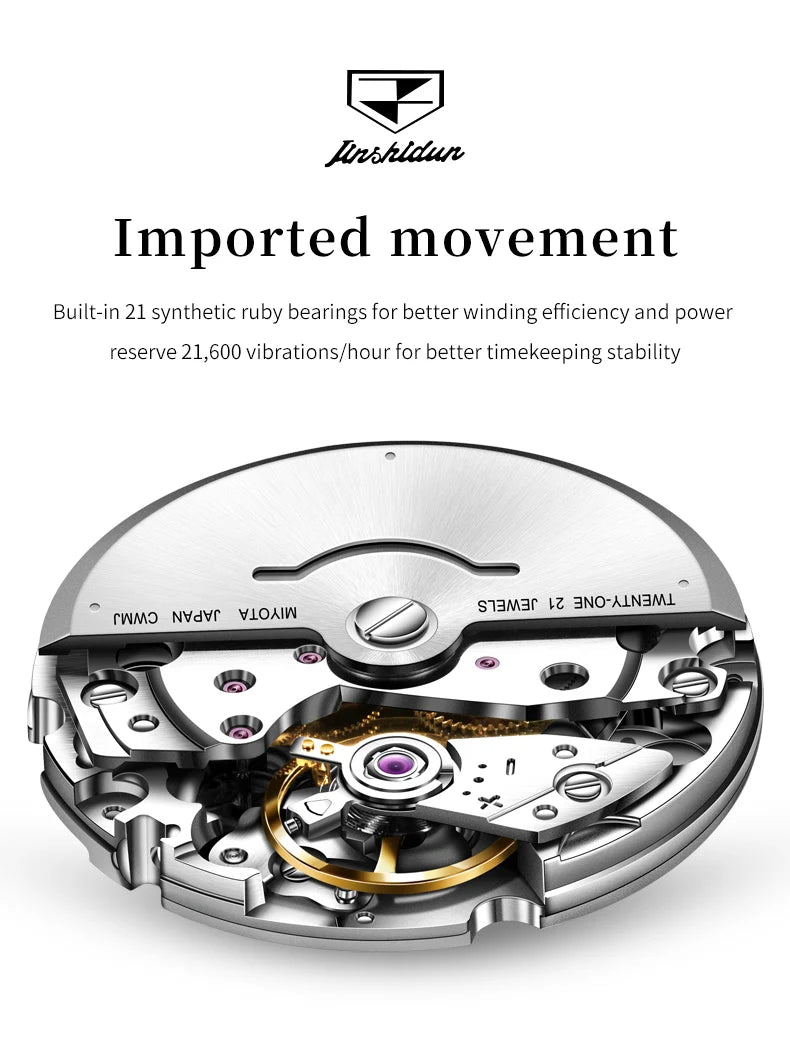 JSDUN High End Men's Watches Auto Calendar Week Tungsten steel Sapphire Mirror Automatic Mechanical Watch for Men Luxury Brand